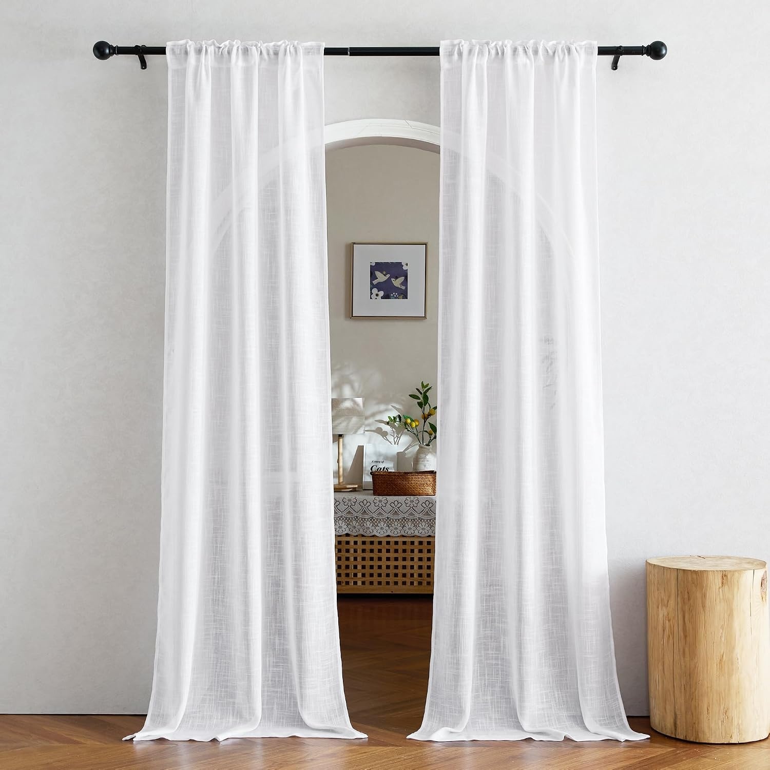 image:imageNICETOWN White Linen Sheer Curtains and Drapes 84 inches Long Rod Pocket amp Back Tab semitransparent with Light Through Vertical Window Treatments for Sliding Glass Door amp Living Room 52W Set of 2White