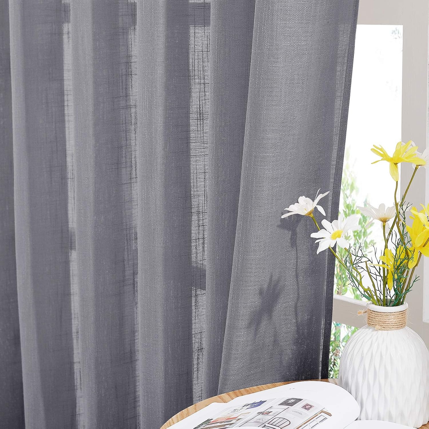 image:imageNICETOWN White Linen Sheer Curtains and Drapes 84 inches Long Rod Pocket amp Back Tab semitransparent with Light Through Vertical Window Treatments for Sliding Glass Door amp Living Room 52W Set of 2Grey