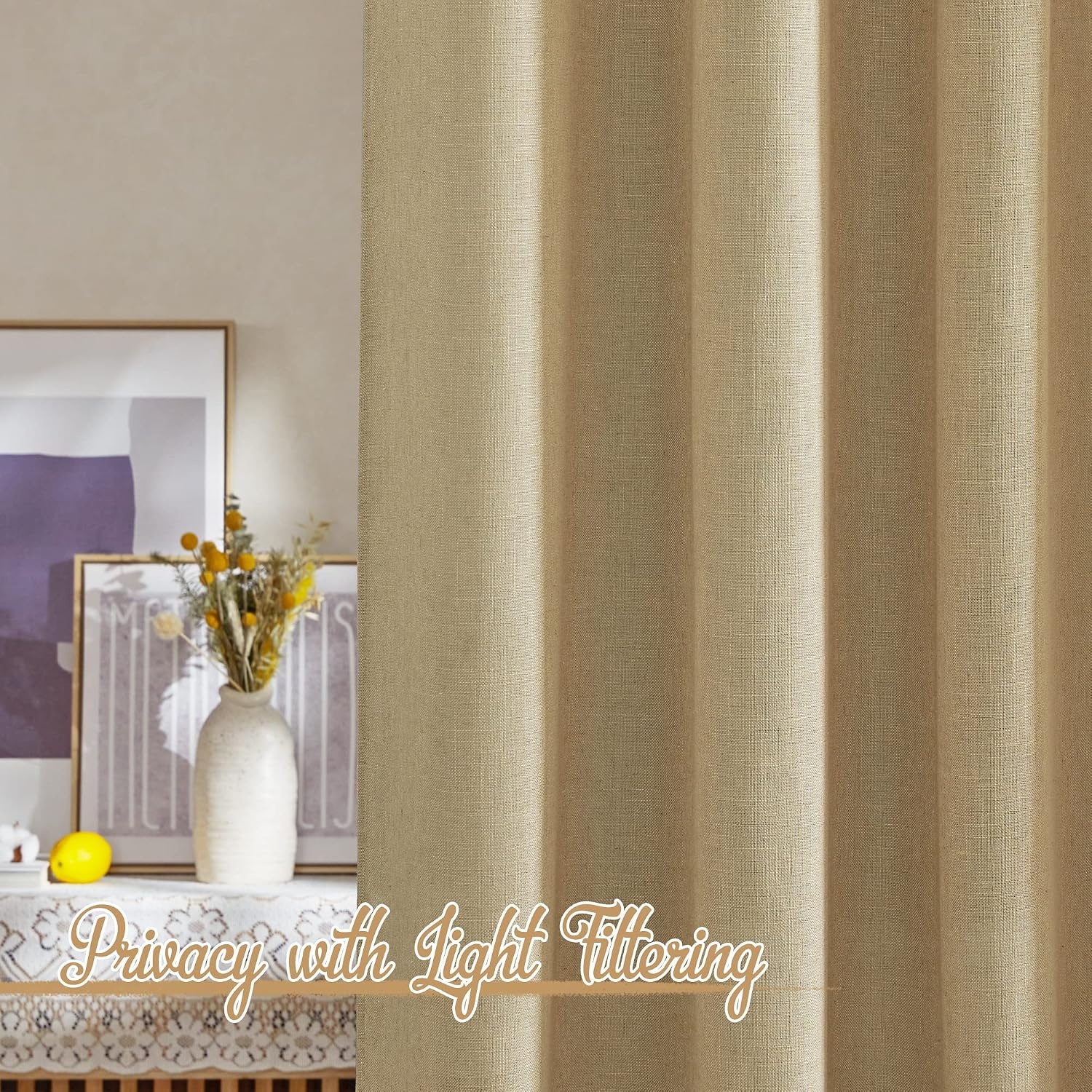 image:imageNICETOWN White Linen Sheer Curtains and Drapes 84 inches Long Rod Pocket amp Back Tab semitransparent with Light Through Vertical Window Treatments for Sliding Glass Door amp Living Room 52W Set of 2Linen Brown