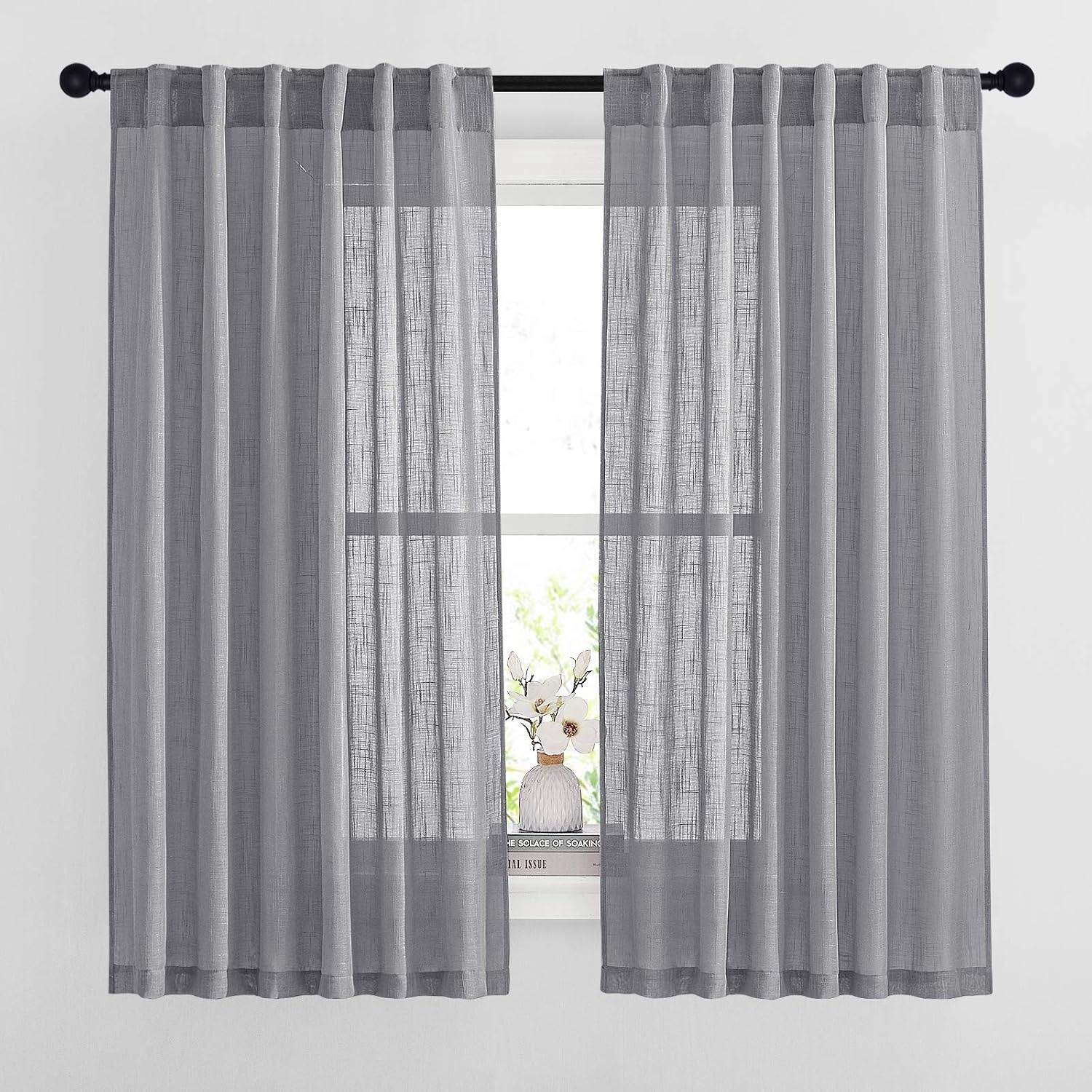 image:imageNICETOWN White Linen Sheer Curtains and Drapes 84 inches Long Rod Pocket amp Back Tab semitransparent with Light Through Vertical Window Treatments for Sliding Glass Door amp Living Room 52W Set of 2Grey