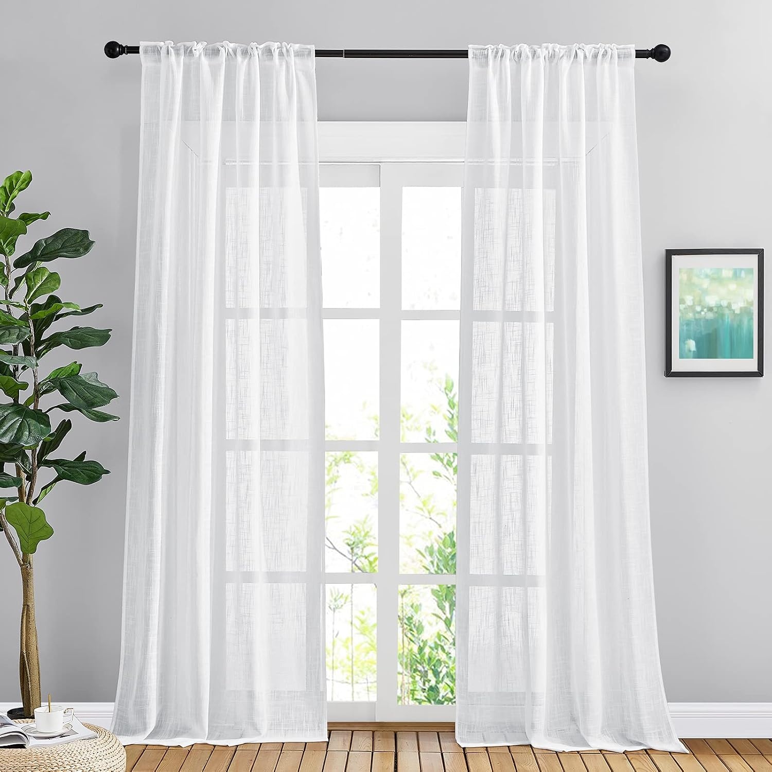 image:imageNICETOWN White Linen Sheer Curtains and Drapes 84 inches Long Rod Pocket amp Back Tab semitransparent with Light Through Vertical Window Treatments for Sliding Glass Door amp Living Room 52W Set of 2White