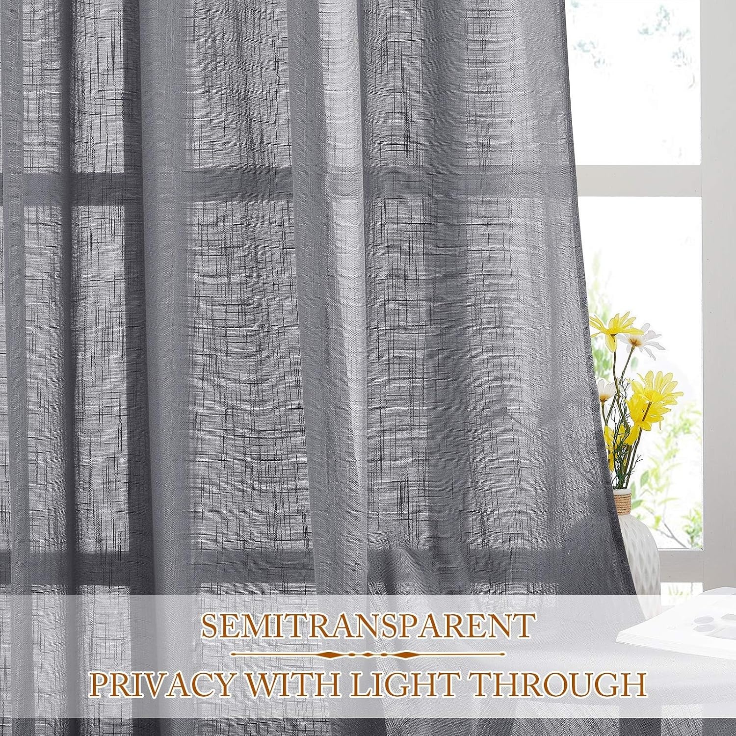 image:imageNICETOWN White Linen Sheer Curtains and Drapes 84 inches Long Rod Pocket amp Back Tab semitransparent with Light Through Vertical Window Treatments for Sliding Glass Door amp Living Room 52W Set of 2Grey