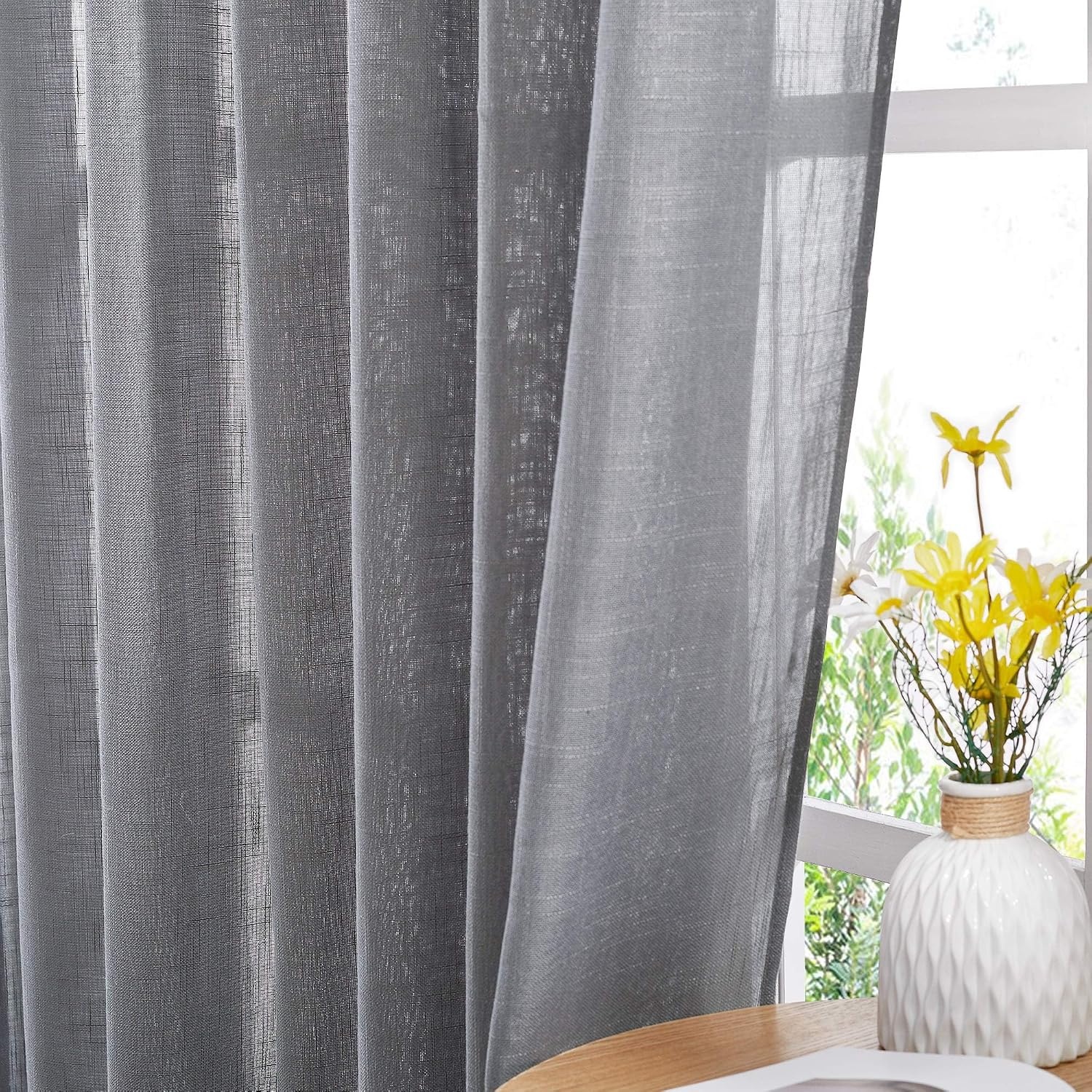 image:imageNICETOWN White Linen Sheer Curtains and Drapes 84 inches Long Rod Pocket amp Back Tab semitransparent with Light Through Vertical Window Treatments for Sliding Glass Door amp Living Room 52W Set of 2Grey