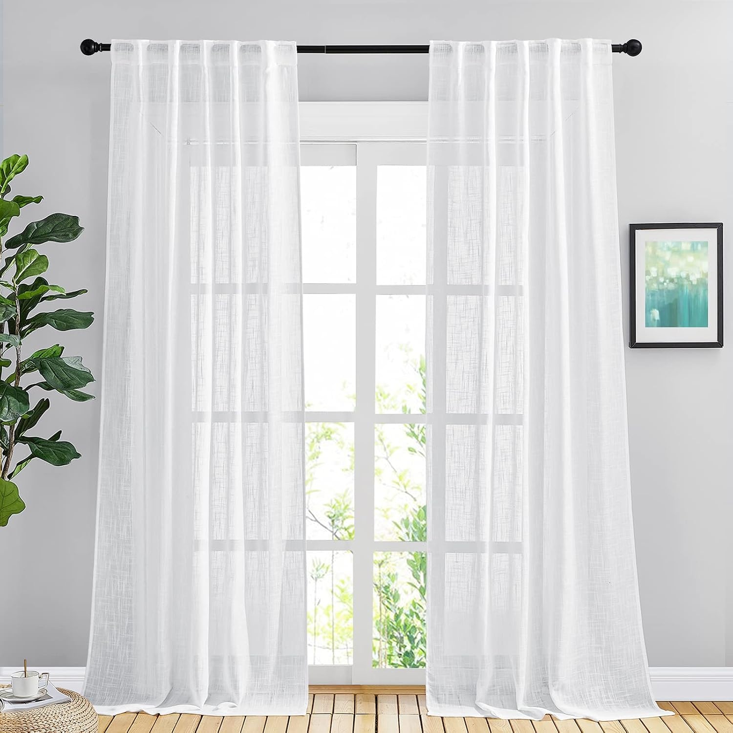 image:imageNICETOWN White Linen Sheer Curtains and Drapes 84 inches Long Rod Pocket amp Back Tab semitransparent with Light Through Vertical Window Treatments for Sliding Glass Door amp Living Room 52W Set of 2White