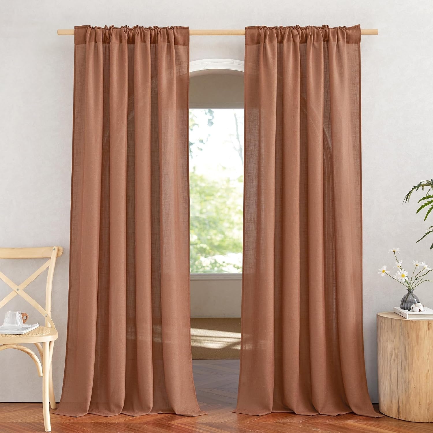 image:imageNICETOWN White Linen Sheer Curtains and Drapes 84 inches Long Rod Pocket amp Back Tab semitransparent with Light Through Vertical Window Treatments for Sliding Glass Door amp Living Room 52W Set of 2Linen Caramel