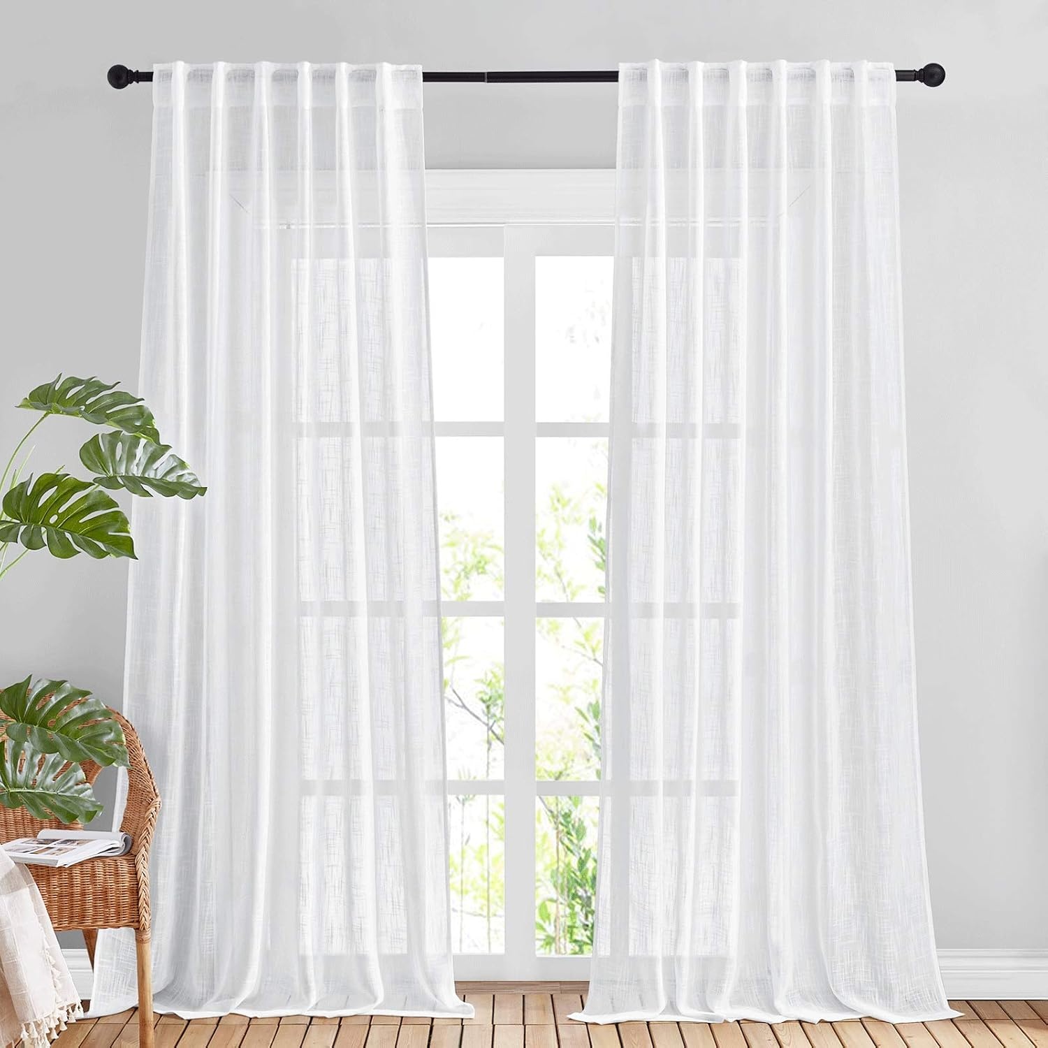 image:imageNICETOWN White Linen Sheer Curtains and Drapes 84 inches Long Rod Pocket amp Back Tab semitransparent with Light Through Vertical Window Treatments for Sliding Glass Door amp Living Room 52W Set of 2White