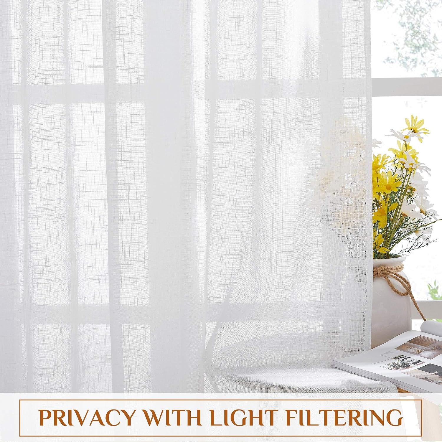 image:imageNICETOWN White Linen Sheer Curtains and Drapes 84 inches Long Rod Pocket amp Back Tab semitransparent with Light Through Vertical Window Treatments for Sliding Glass Door amp Living Room 52W Set of 2White