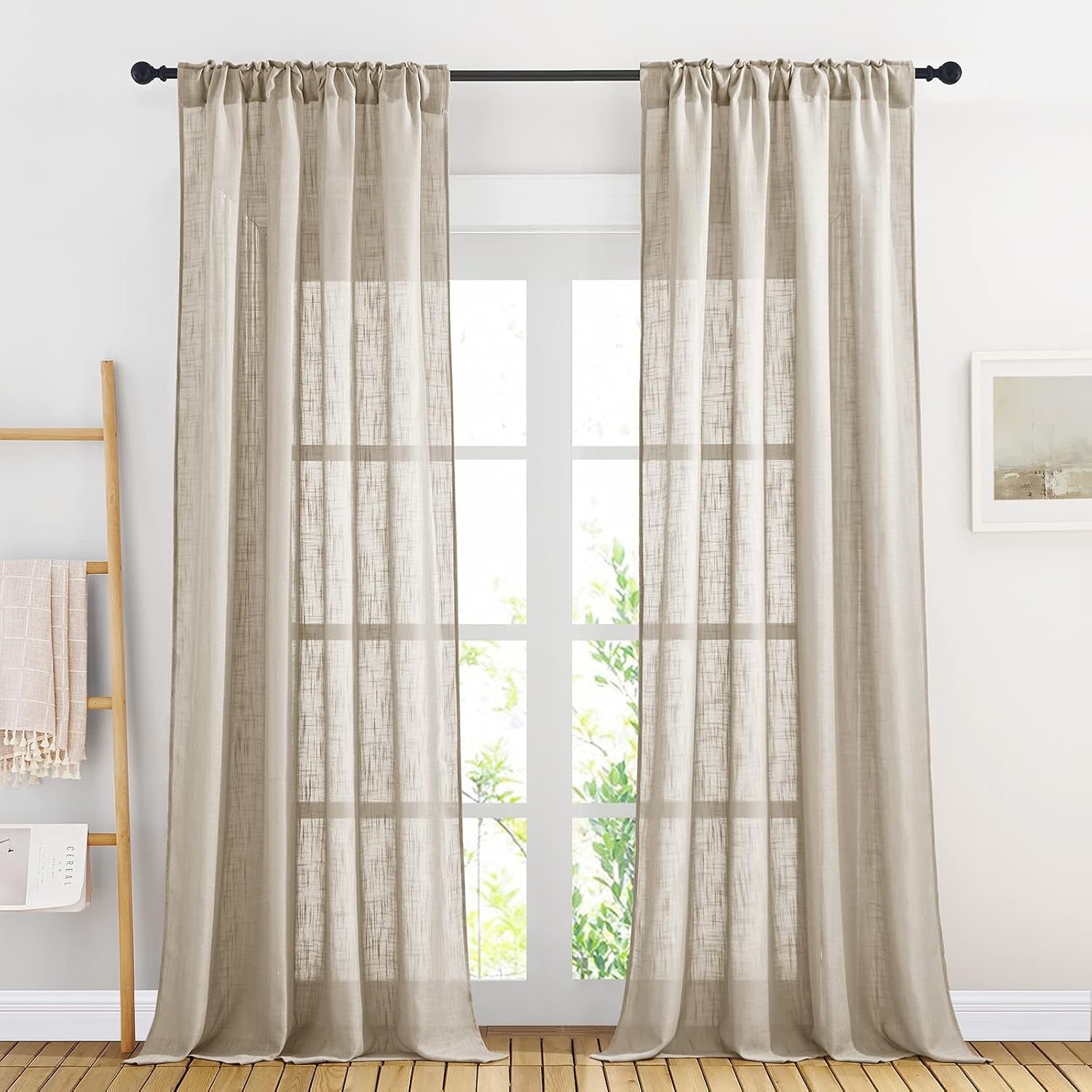 image:imageNICETOWN White Linen Sheer Curtains and Drapes 84 inches Long Rod Pocket amp Back Tab semitransparent with Light Through Vertical Window Treatments for Sliding Glass Door amp Living Room 52W Set of 2Taupe