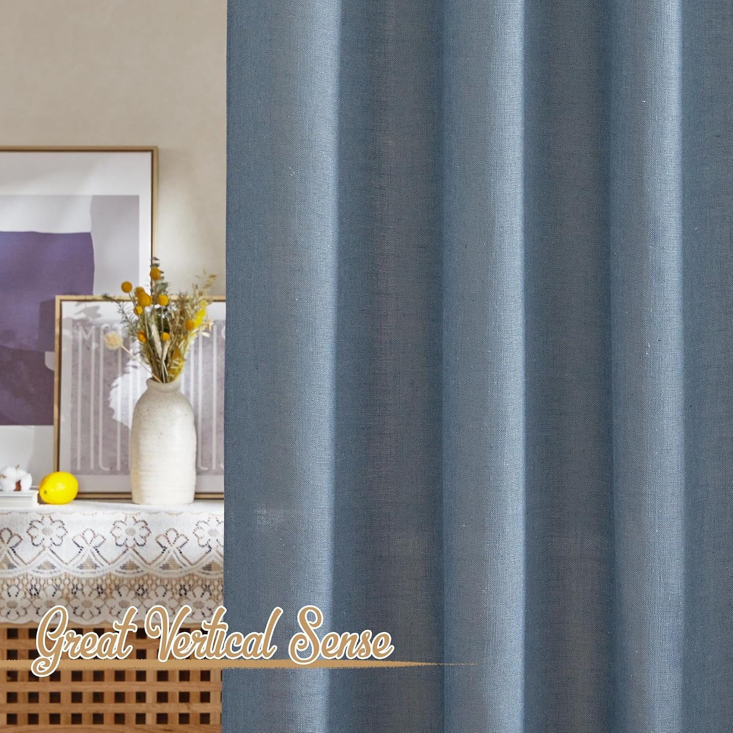 image:imageNICETOWN White Linen Sheer Curtains and Drapes 84 inches Long Rod Pocket amp Back Tab semitransparent with Light Through Vertical Window Treatments for Sliding Glass Door amp Living Room 52W Set of 2Linen Stone Blue