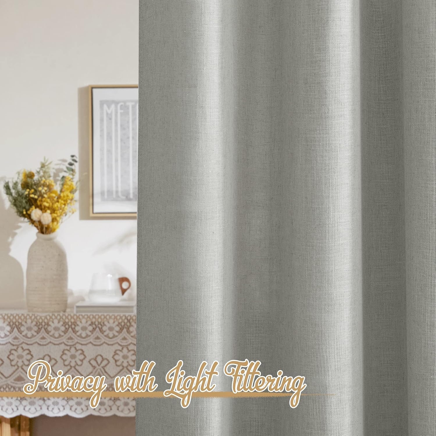 image:imageNICETOWN White Linen Sheer Curtains and Drapes 84 inches Long Rod Pocket amp Back Tab semitransparent with Light Through Vertical Window Treatments for Sliding Glass Door amp Living Room 52W Set of 2Linen Gray
