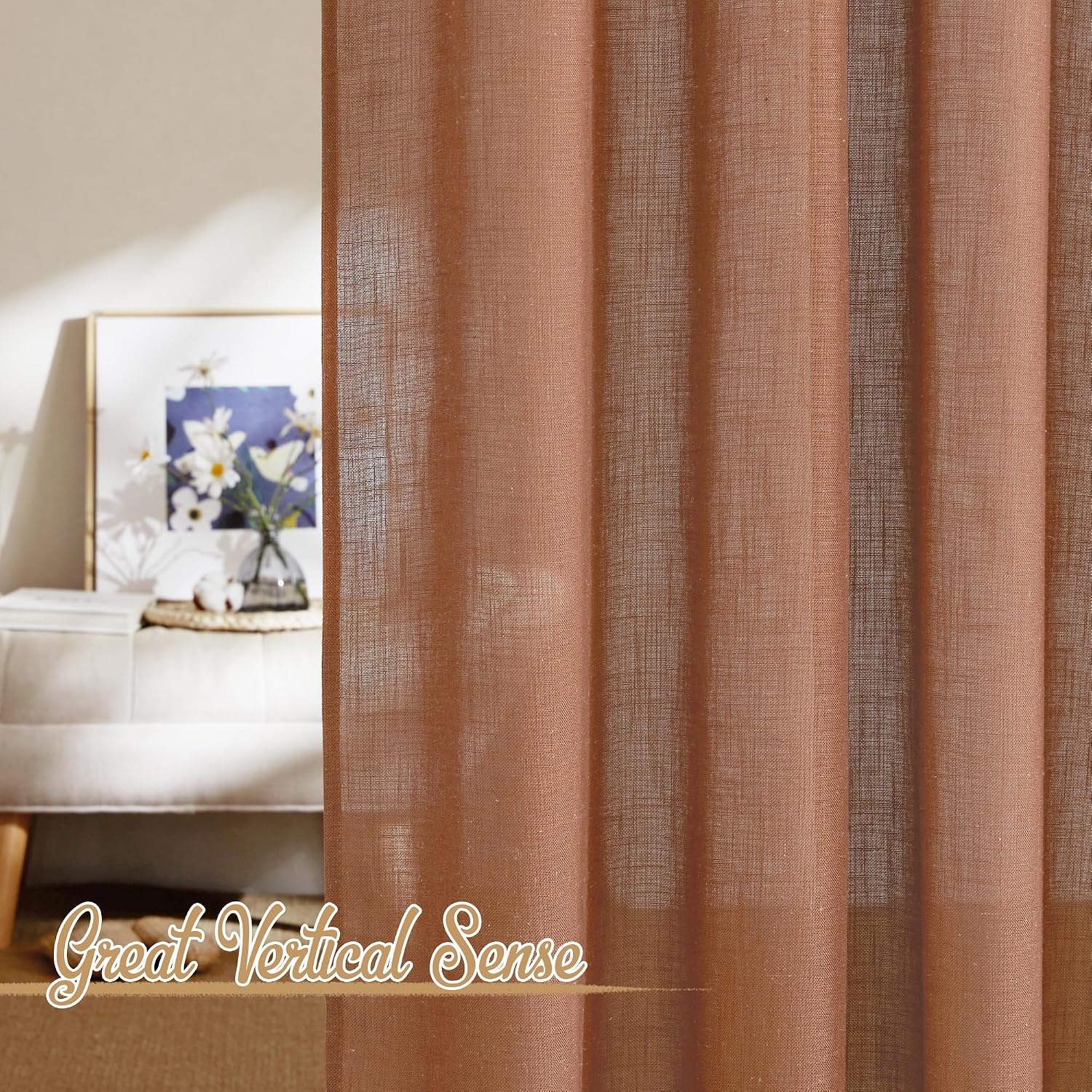 image:imageNICETOWN White Linen Sheer Curtains and Drapes 84 inches Long Rod Pocket amp Back Tab semitransparent with Light Through Vertical Window Treatments for Sliding Glass Door amp Living Room 52W Set of 2Linen Caramel