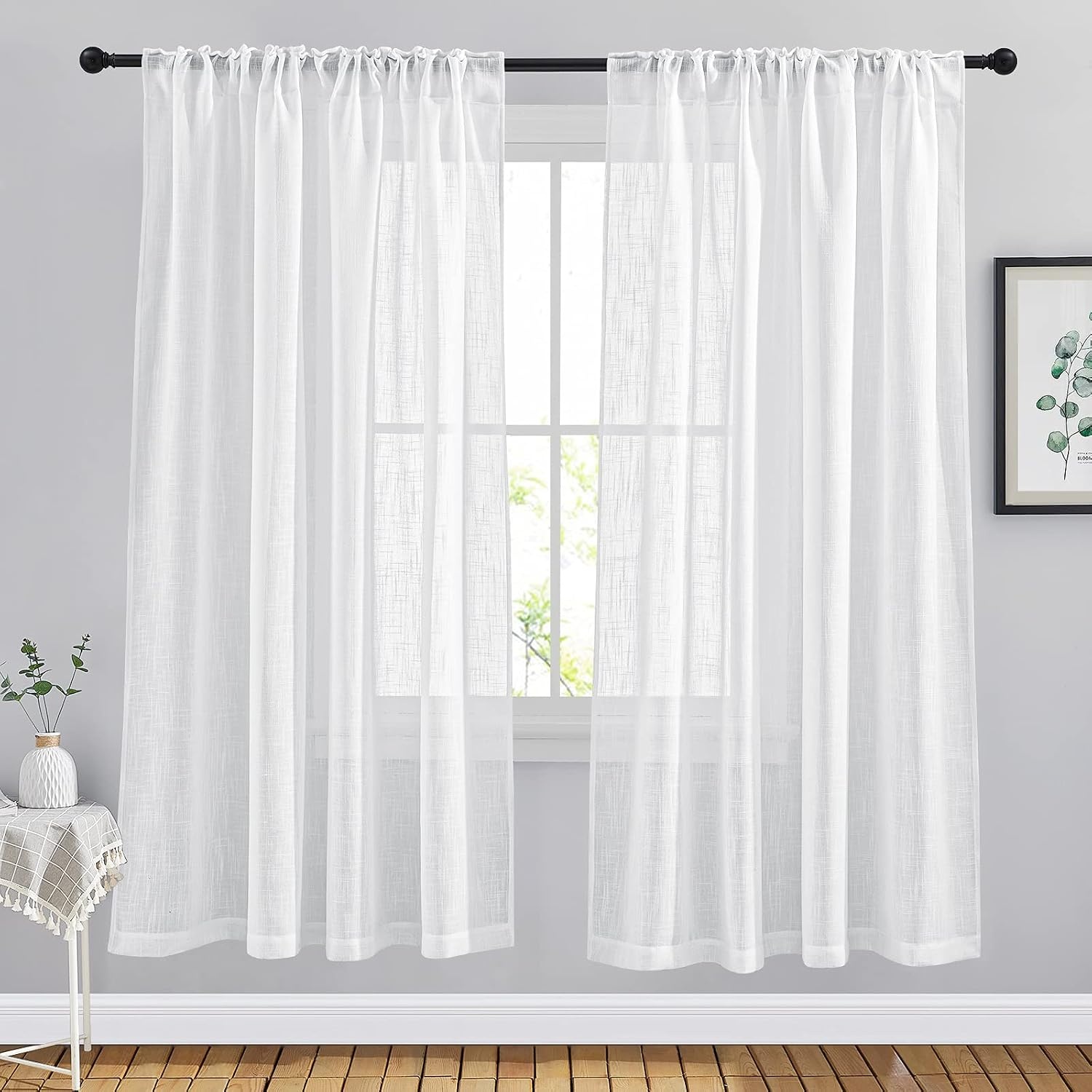 image:imageNICETOWN White Linen Sheer Curtains and Drapes 84 inches Long Rod Pocket amp Back Tab semitransparent with Light Through Vertical Window Treatments for Sliding Glass Door amp Living Room 52W Set of 2White