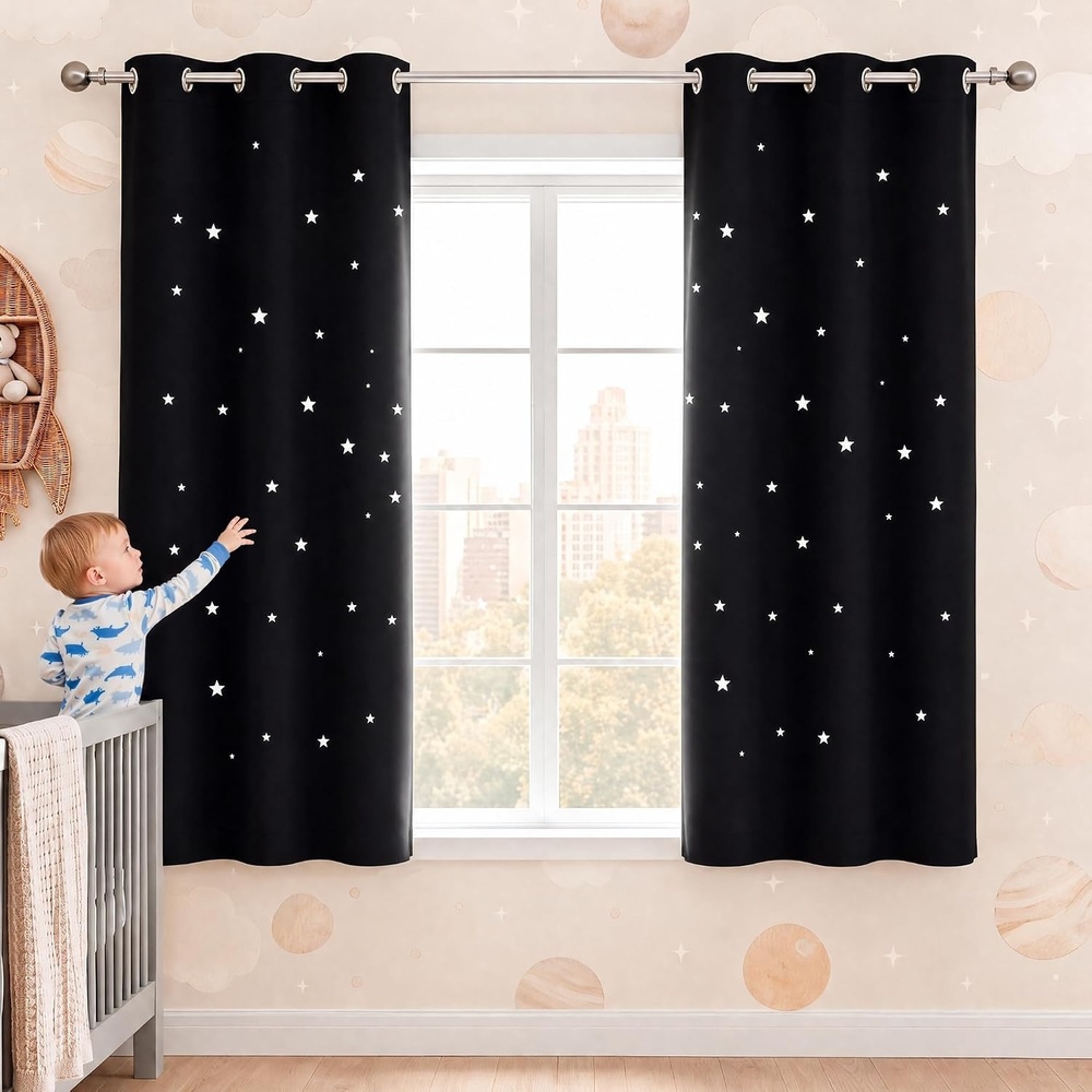 image:imageNICETOWN Blue Hollow Star Blackout Kids Curtain 1 Panel W52 x L63Black