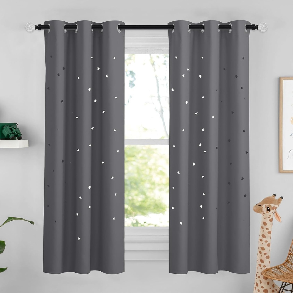 image:imageNICETOWN Blue Hollow Star Blackout Kids Curtain 1 Panel W52 x L63Grey