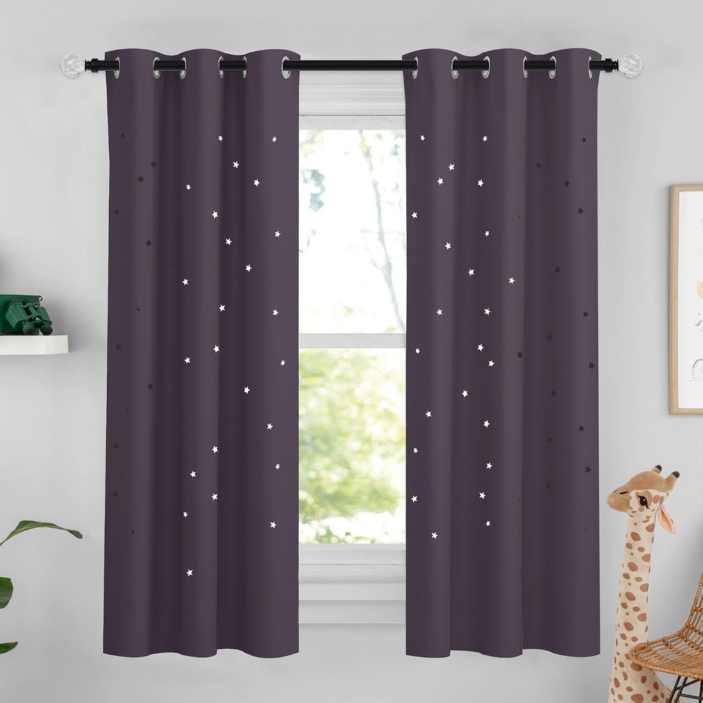 image:imageNICETOWN Blue Hollow Star Blackout Kids Curtain 1 Panel W52 x L63Greyish Purple