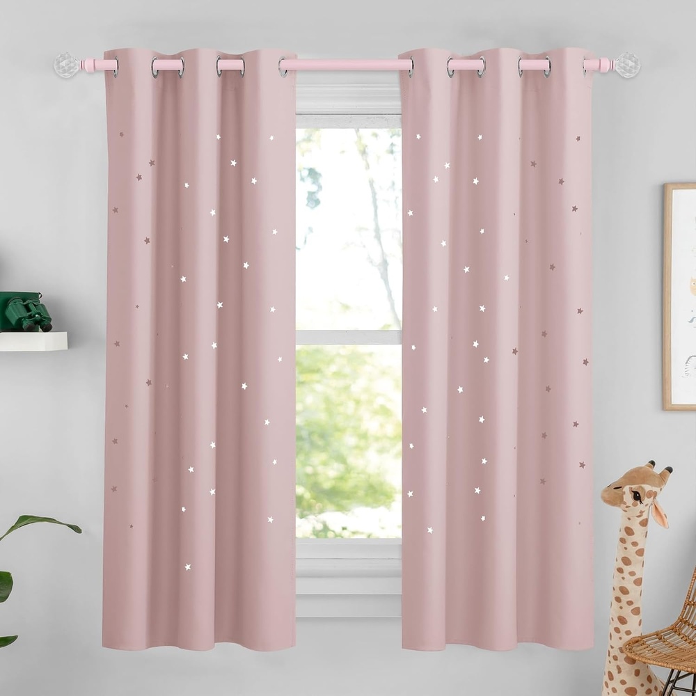 image:imageNICETOWN Blue Hollow Star Blackout Kids Curtain 1 Panel W52 x L63Light Pink
