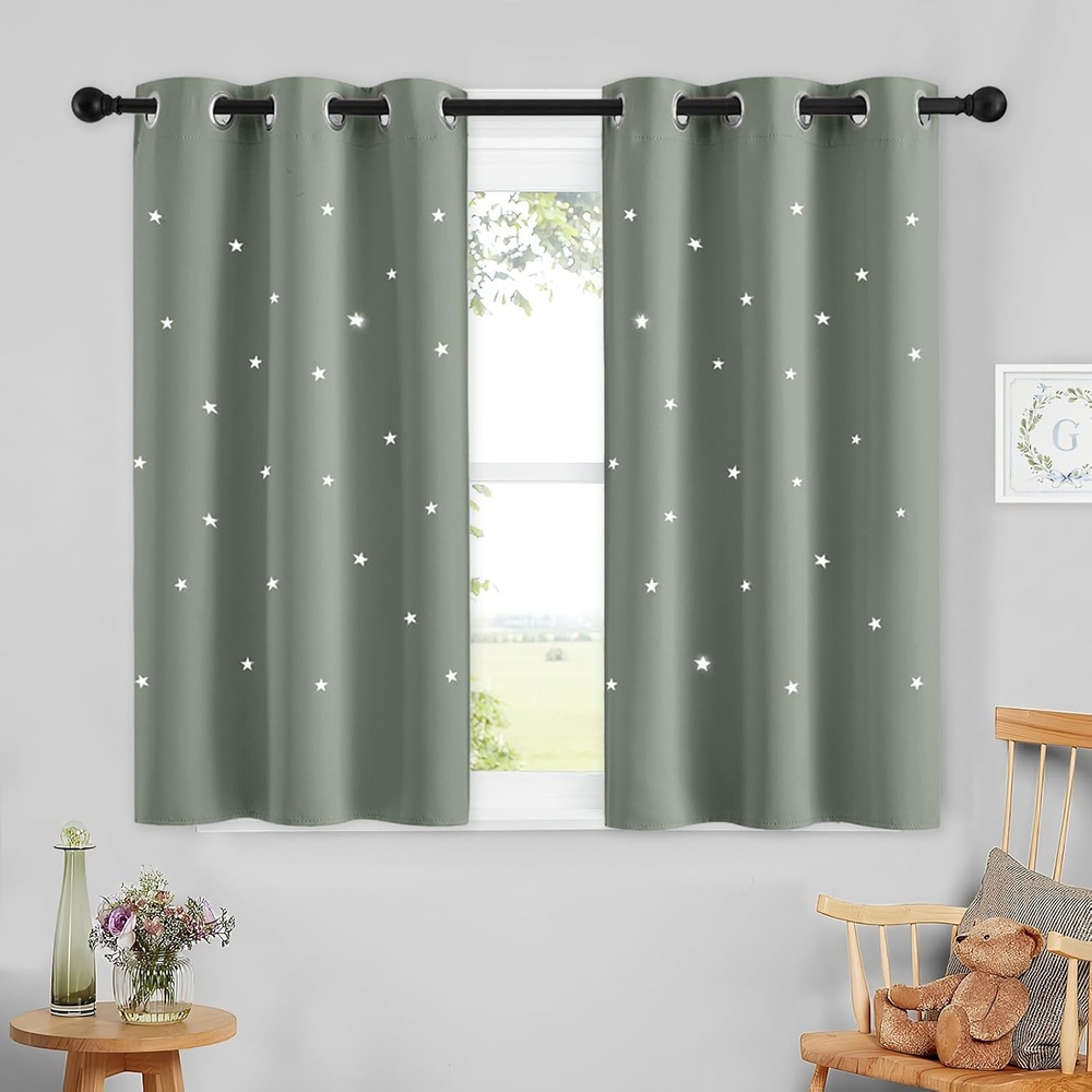 image:imageNICETOWN Blue Hollow Star Blackout Kids Curtain 1 Panel W52 x L63Sage Green