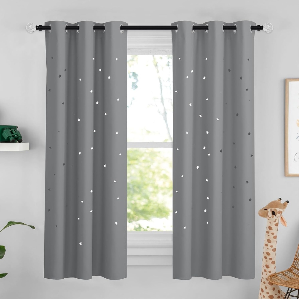 image:imageNICETOWN Blue Hollow Star Blackout Kids Curtain 1 Panel W52 x L63Sliver Grey