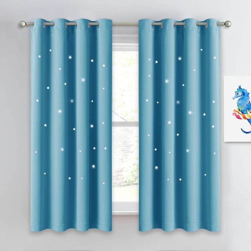 image:imageNICETOWN Blue Hollow Star Blackout Kids Curtain 1 Panel W52 x L63Teal Blue
