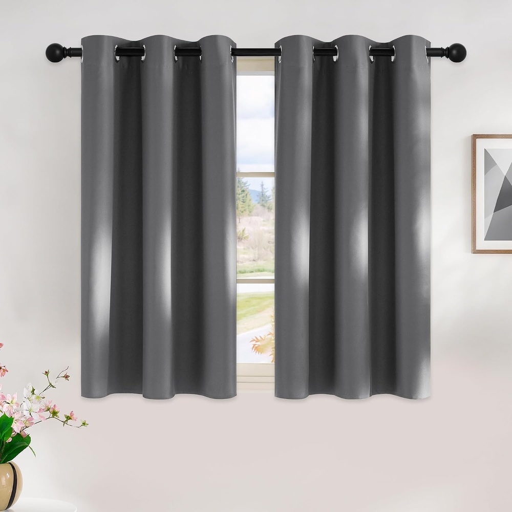 image:imageNICETOWN Grey Kitchen Blackout Short Curtain Panels for Bedroom 45 Inch Long Thermal Insulated Grommet Top Blackout Draperies and Drapes 2 Panels W42 x L45 Inch Grey
