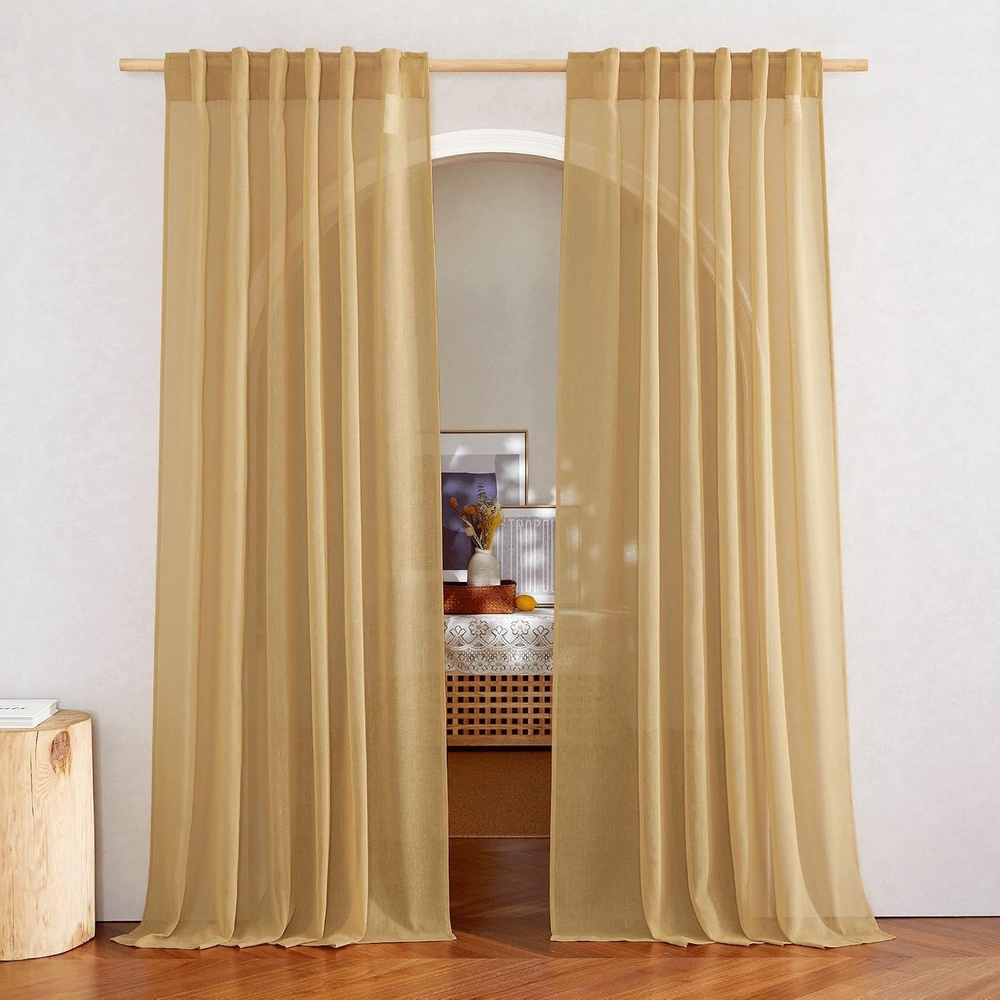 image:imageNICETOWN Sheer Linen Curtains 96 Inch Length for Bedroom Living Room 2 Panels Ivory Rod Pocket amp Back Tab Semi Sheer Drapes Privacy Semitransparent Farmhouse Window Treatment W52 x L96Desert Yellow