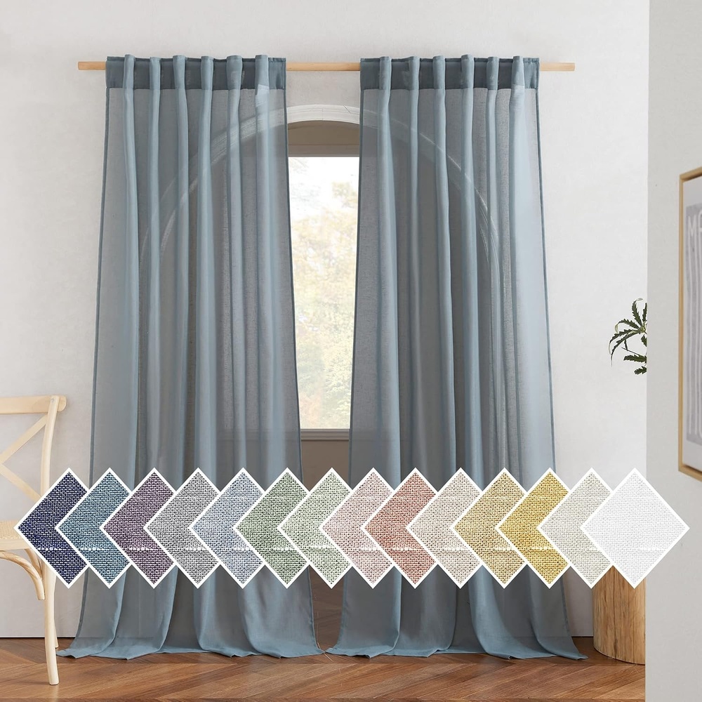 image:imageNICETOWN Sheer Linen Curtains 96 Inch Length for Bedroom Living Room 2 Panels Ivory Rod Pocket amp Back Tab Semi Sheer Drapes Privacy Semitransparent Farmhouse Window Treatment W52 x L96Smoke Blue