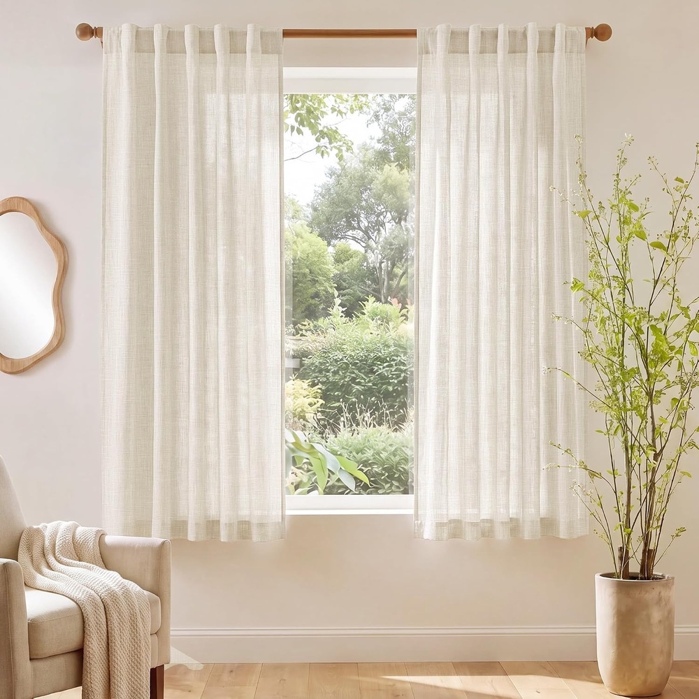 image:imageNICETOWN Sheer Linen Curtains 96 Inch Length for Bedroom Living Room 2 Panels Ivory Rod Pocket amp Back Tab Semi Sheer Drapes Privacy Semitransparent Farmhouse Window Treatment W52 x L96Linen Ivory