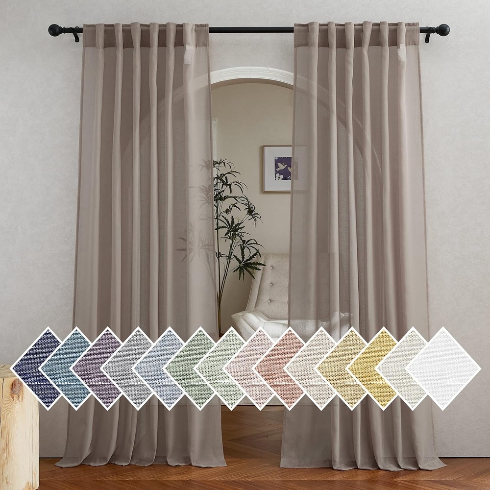 image:imageNICETOWN Sheer Linen Curtains 96 Inch Length for Bedroom Living Room 2 Panels Ivory Rod Pocket amp Back Tab Semi Sheer Drapes Privacy Semitransparent Farmhouse Window Treatment W52 x L96Burlap