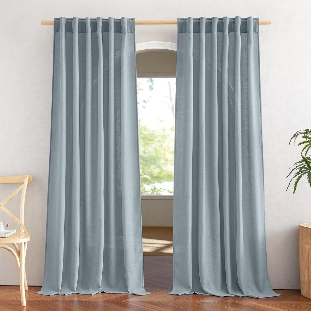 image:imageNICETOWN White Linen Sheer Curtains and Drapes 84 inches Long Rod Pocket amp Back Tab semitransparent with Light Through Vertical Window Treatments for Sliding Glass Door amp Living Room 52W Set of 2Linen Mist Blue