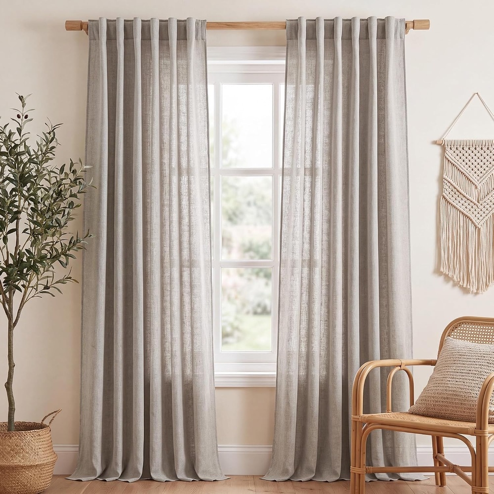 image:imageNICETOWN White Linen Sheer Curtains and Drapes 84 inches Long Rod Pocket amp Back Tab semitransparent with Light Through Vertical Window Treatments for Sliding Glass Door amp Living Room 52W Set of 2Birch