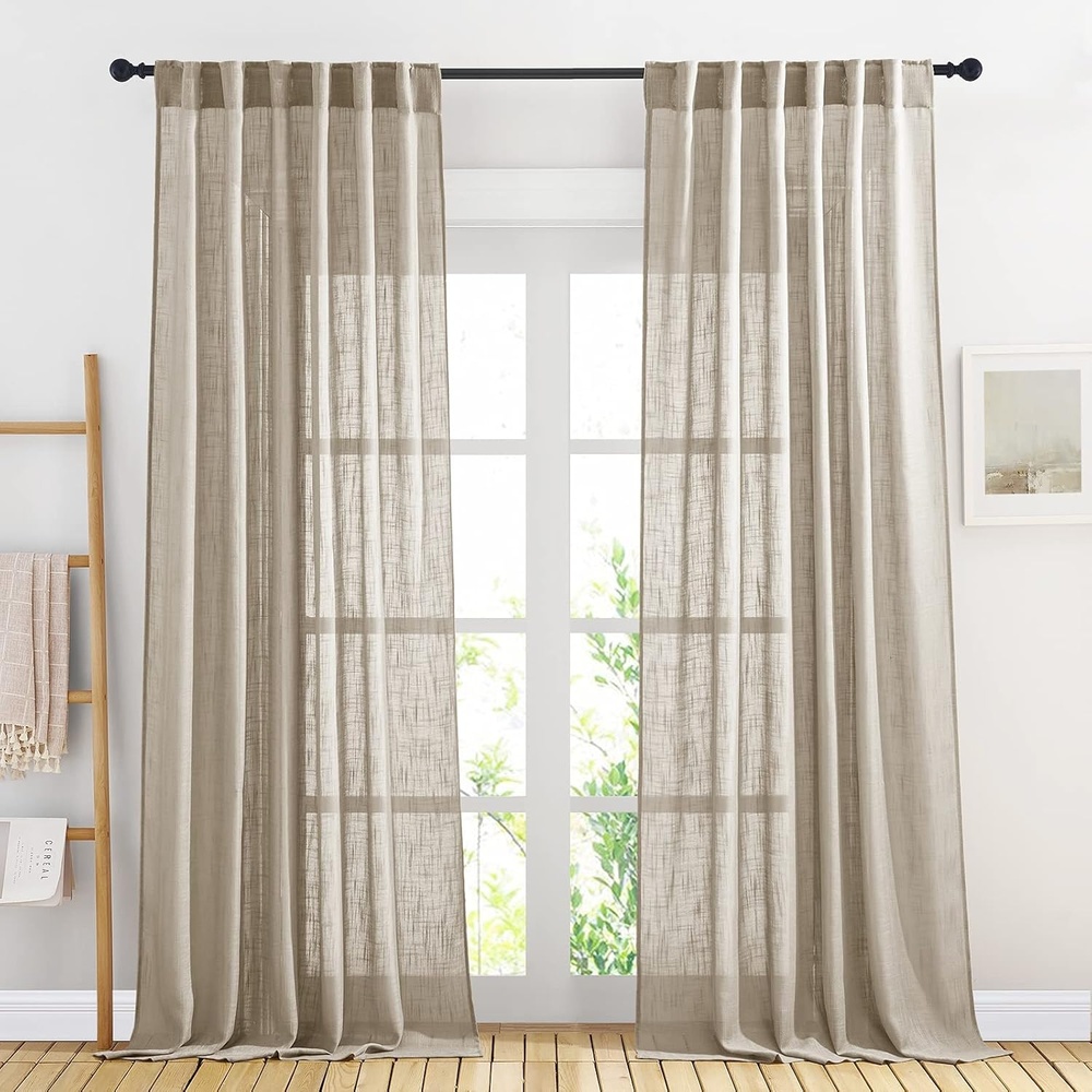 image:imageNICETOWN White Linen Sheer Curtains and Drapes 84 inches Long Rod Pocket amp Back Tab semitransparent with Light Through Vertical Window Treatments for Sliding Glass Door amp Living Room 52W Set of 2Taupe