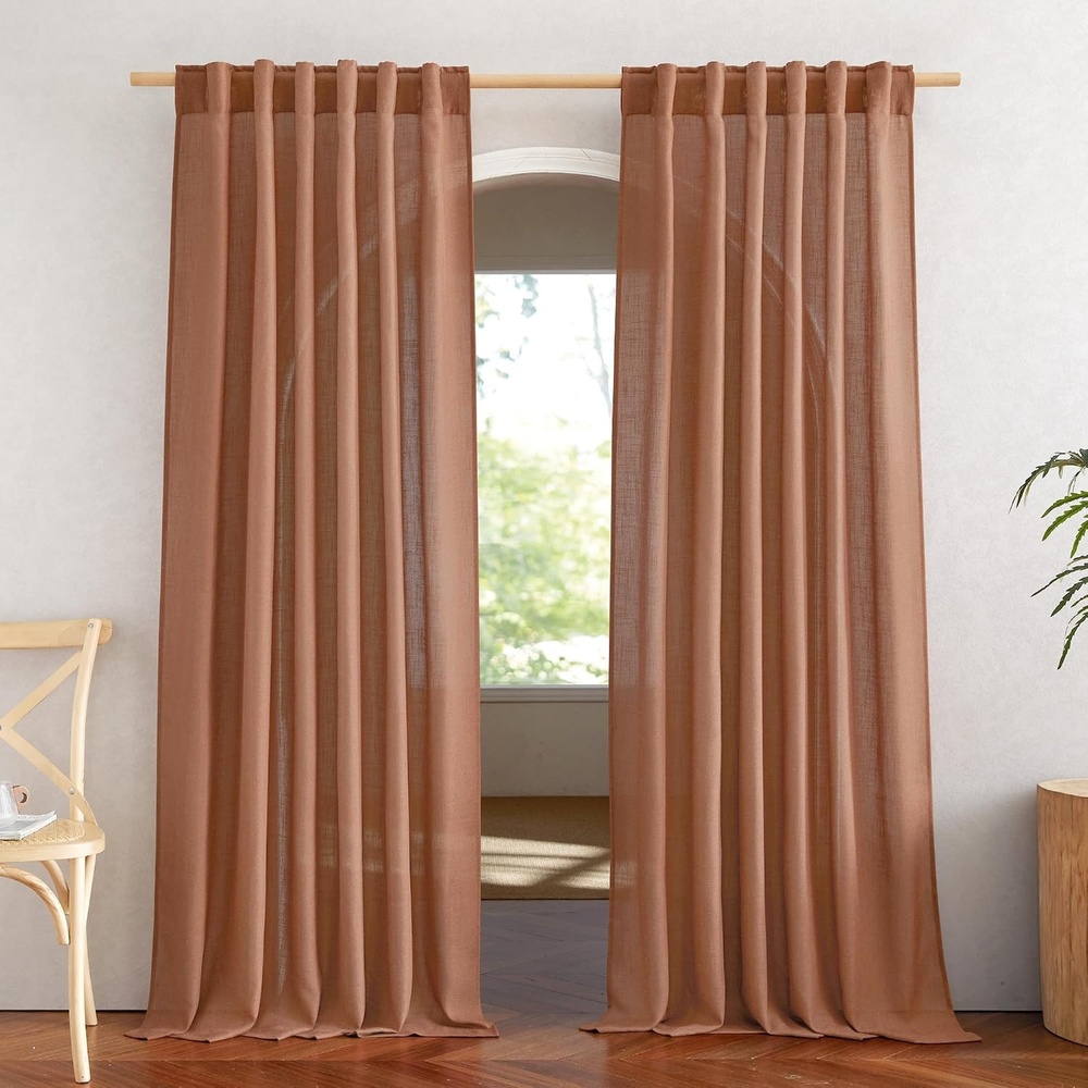 image:imageNICETOWN White Linen Sheer Curtains and Drapes 84 inches Long Rod Pocket amp Back Tab semitransparent with Light Through Vertical Window Treatments for Sliding Glass Door amp Living Room 52W Set of 2Linen Caramel