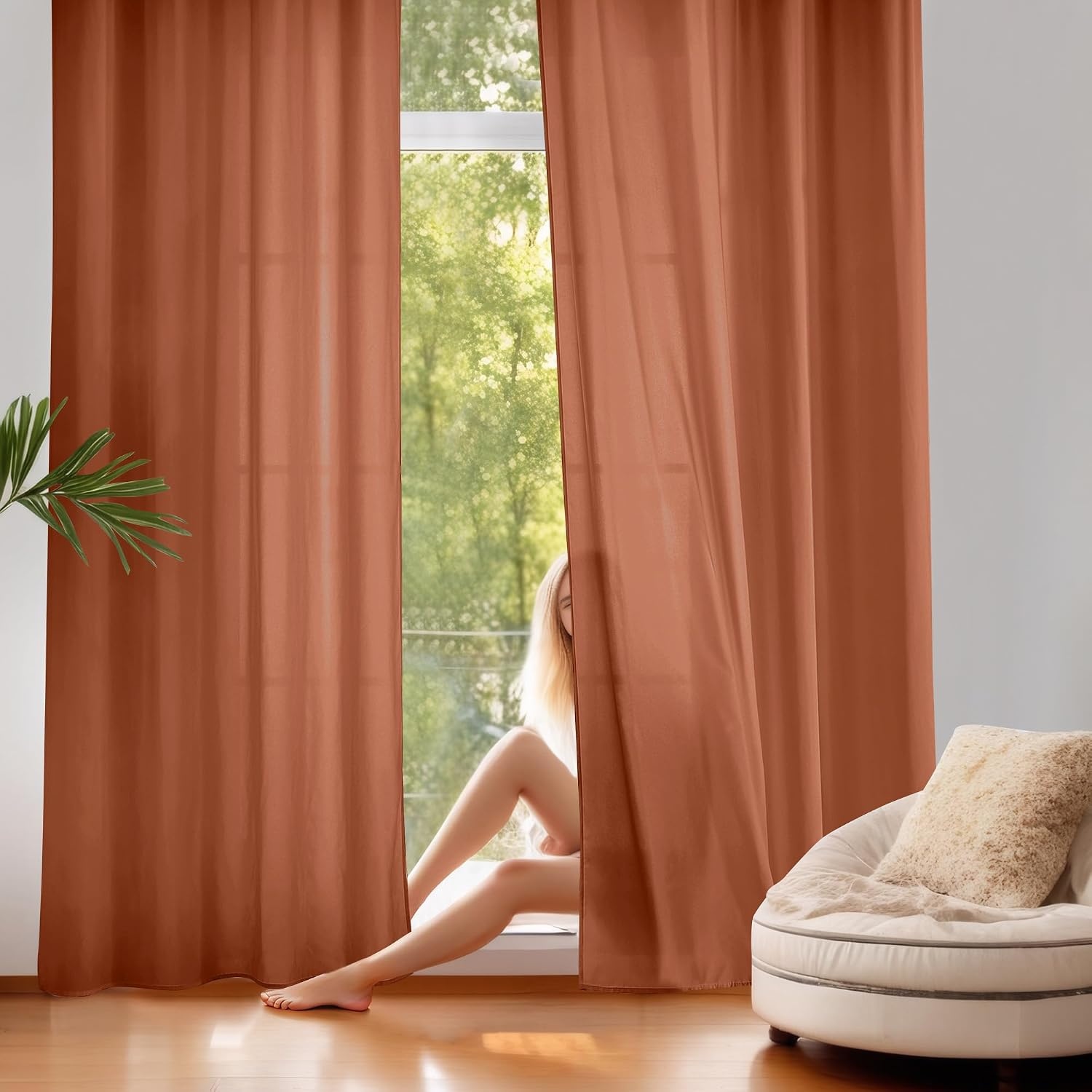 image:imageNICETOWN NonSeeThrough Sheer Curtains 84 Inches Long 2 Panels Semi SheerBurnt Orange