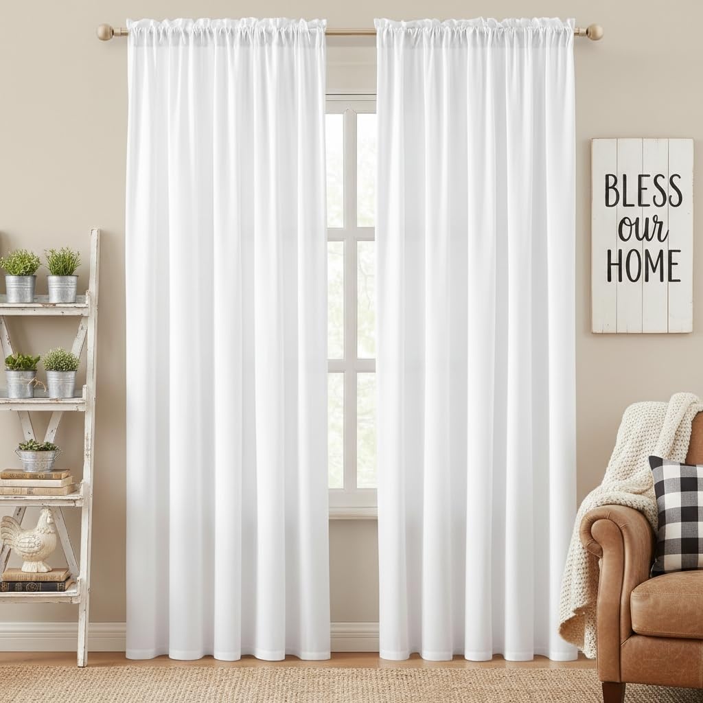 image:imageNICETOWN NonSeeThrough Sheer Curtains 84 Inches Long 2 Panels Semi SheerWhite