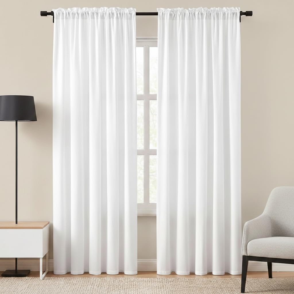 image:imageNICETOWN NonSeeThrough Sheer Curtains 84 Inches Long 2 Panels Semi SheerWhite
