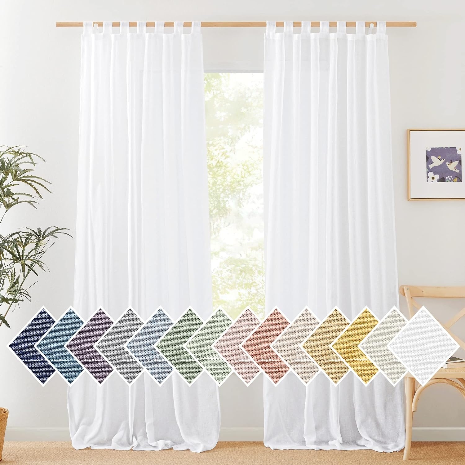 image:imageNICETOWN White Linen Curtains 84 inch Length Tab Top Soft Semi Sheer Flax Window Treatments Privacy with Light Filtering Vertical Drapes for BedroomLiving Room W52 x L84 2 PanelsWhitetab Top