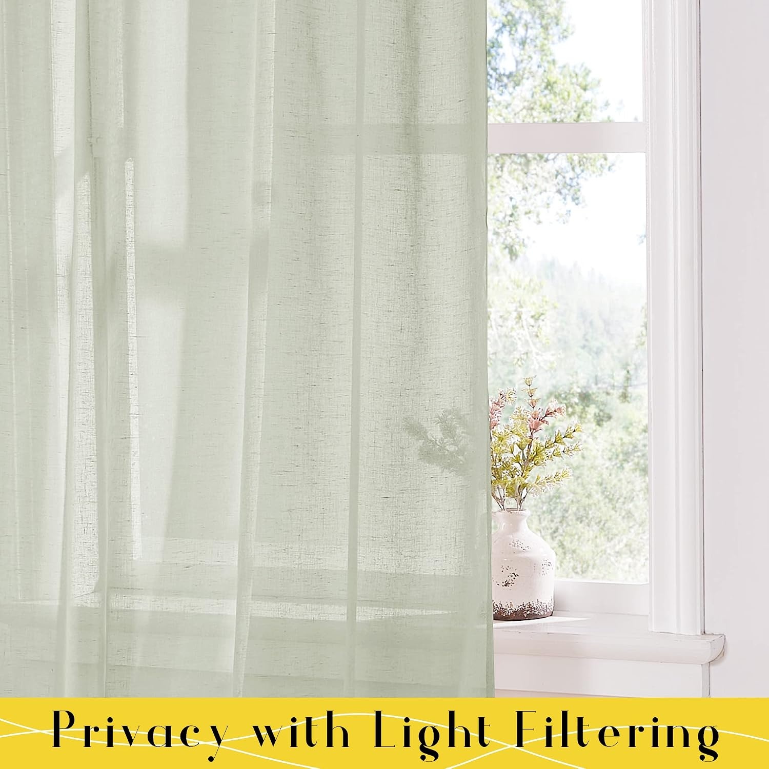 image:imageNICETOWN White Linen Curtains 84 inch Length Tab Top Soft Semi Sheer Flax Window Treatments Privacy with Light Filtering Vertical Drapes for BedroomLiving Room W52 x L84 2 PanelsSage Green