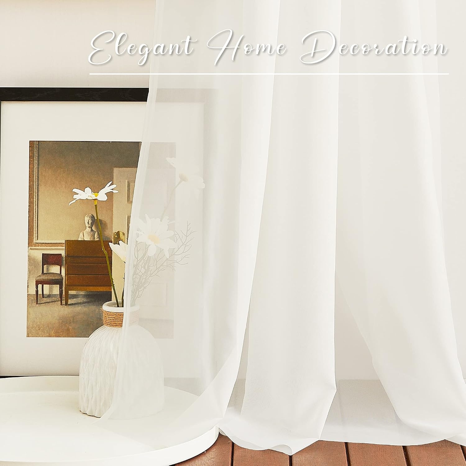 image:imageNICETOWN White Sheer Window Scarf 216 inch Extra Long 2 Panels Soft Voile Textured Bed Canopy Scarf Curtains for Event DesignsHome Decor 60 inches WideLight Beige