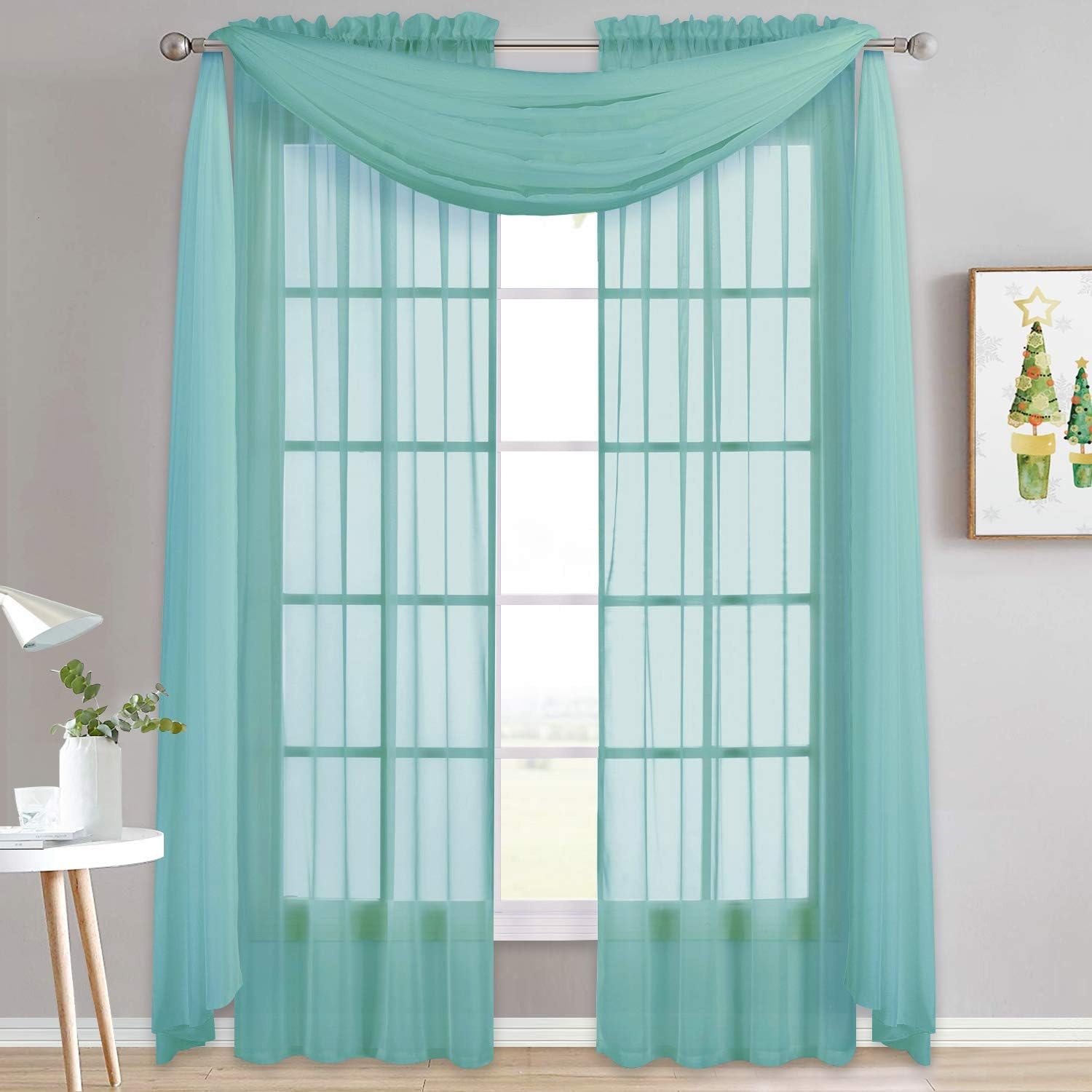 image:imageNICETOWN White Sheer Window Scarf 216 inch Extra Long 2 Panels Soft Voile Textured Bed Canopy Scarf Curtains for Event DesignsHome Decor 60 inches WidePool Blue