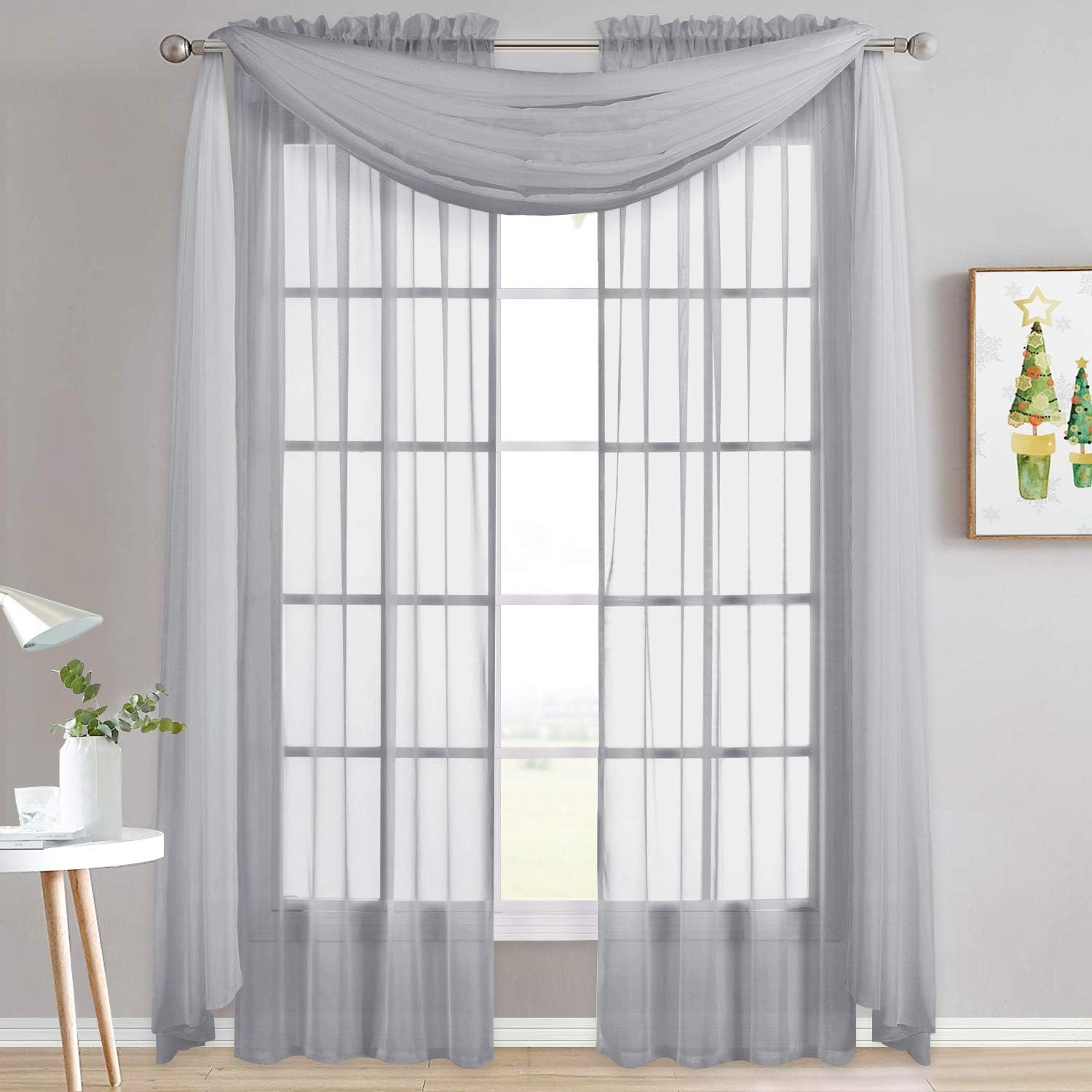 image:imageNICETOWN White Sheer Window Scarf 216 inch Extra Long 2 Panels Soft Voile Textured Bed Canopy Scarf Curtains for Event DesignsHome Decor 60 inches WideLight Gray