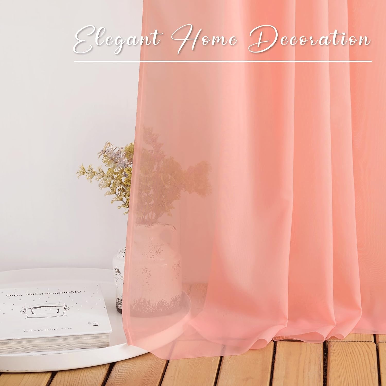 image:imageNICETOWN White Sheer Window Scarf 216 inch Extra Long 2 Panels Soft Voile Textured Bed Canopy Scarf Curtains for Event DesignsHome Decor 60 inches WideCoral