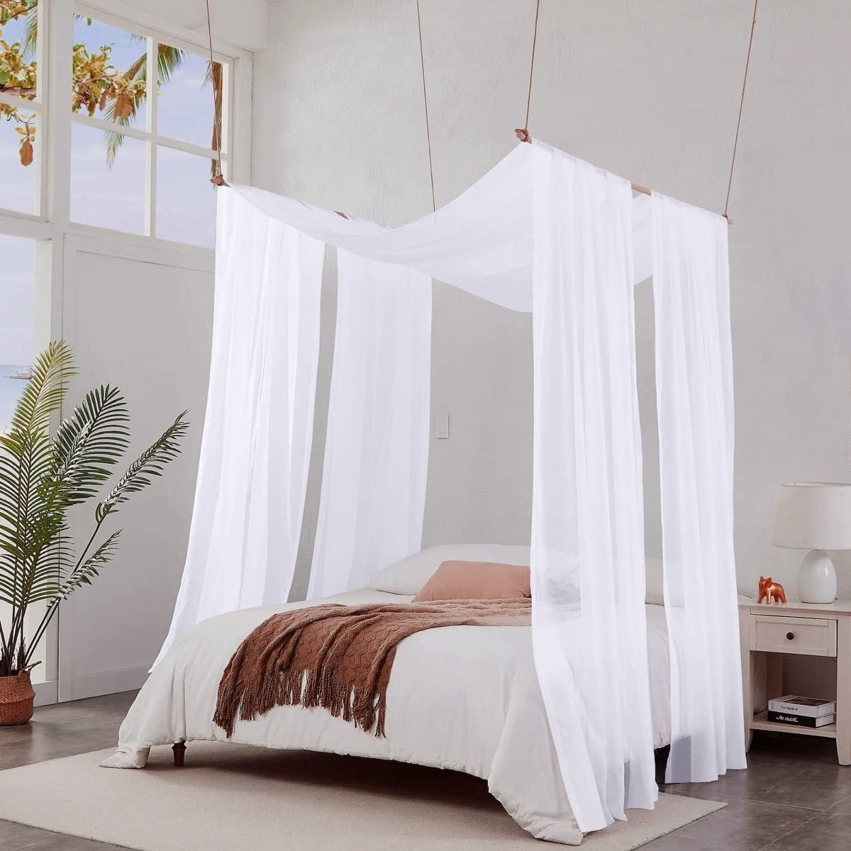 image:imageNICETOWN White Sheer Window Scarf 216 inch Extra Long 2 Panels Soft Voile Textured Bed Canopy Scarf Curtains for Event DesignsHome Decor 60 inches WideWhite