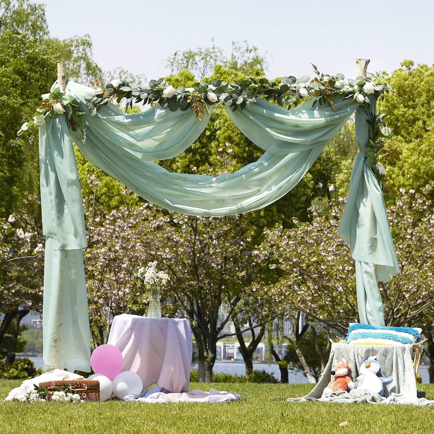 image:imageNICETOWN White Sheer Window Scarf 216 inch Extra Long 2 Panels Soft Voile Textured Bed Canopy Scarf Curtains for Event DesignsHome Decor 60 inches WideSage Green