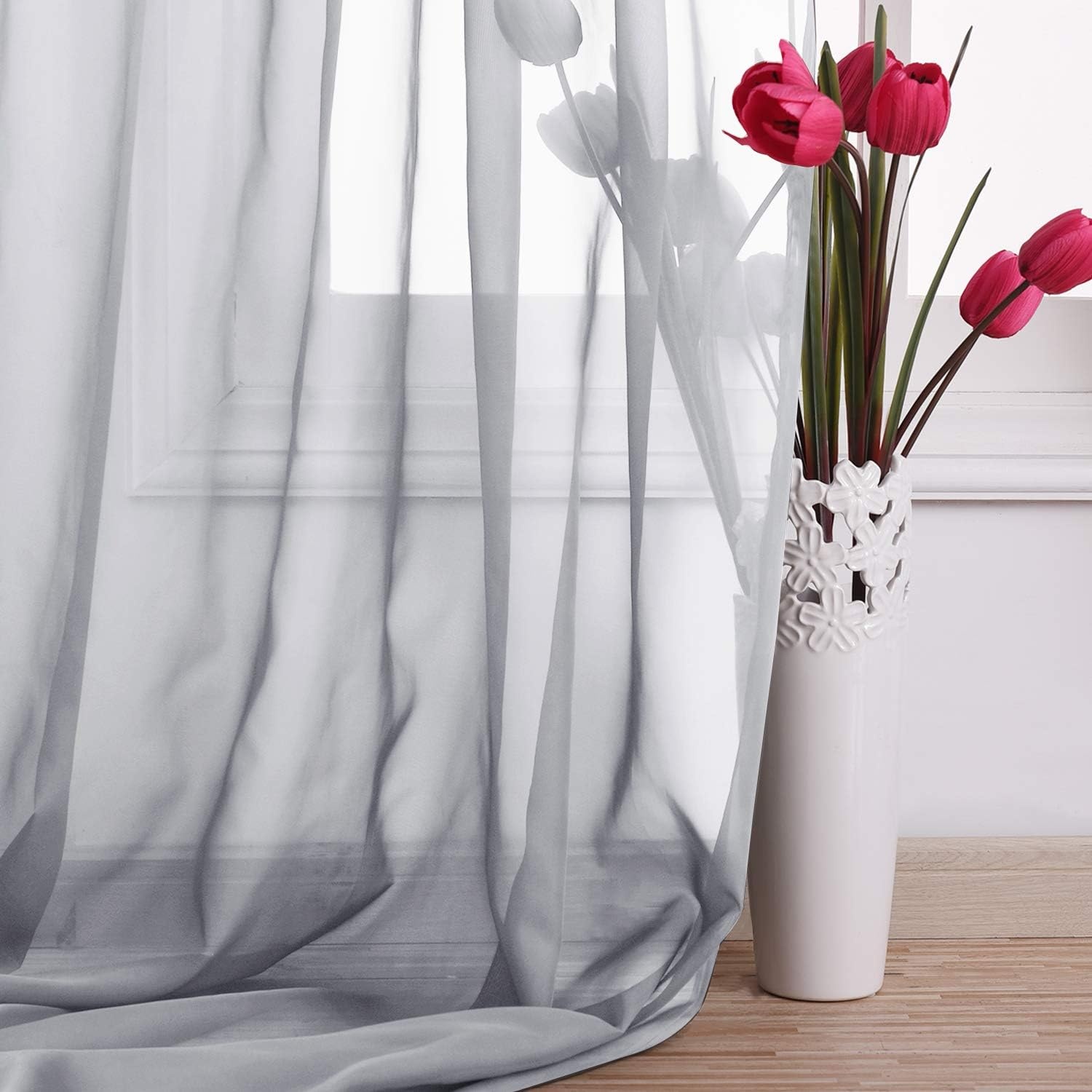 image:imageNICETOWN White Sheer Window Scarf 216 inch Extra Long 2 Panels Soft Voile Textured Bed Canopy Scarf Curtains for Event DesignsHome Decor 60 inches WideLight Gray