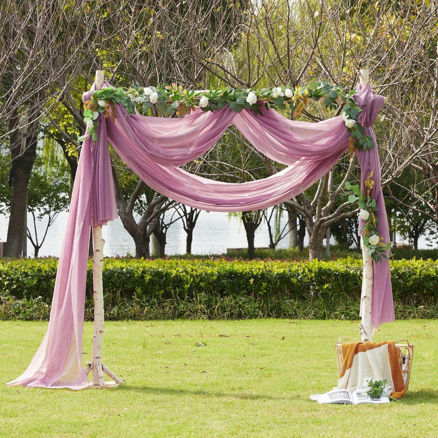 image:imageNICETOWN White Sheer Window Scarf 216 inch Extra Long 2 Panels Soft Voile Textured Bed Canopy Scarf Curtains for Event DesignsHome Decor 60 inches WideMauve