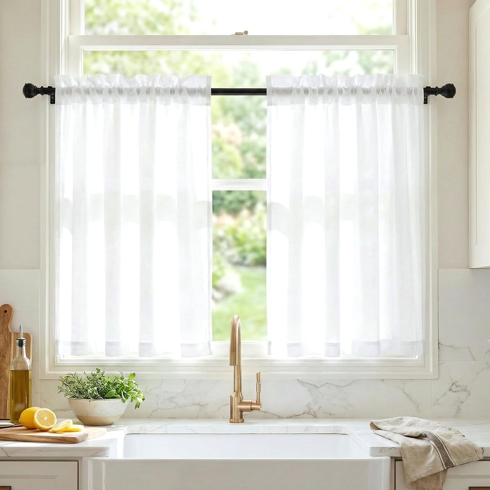 image:imageNICETOWN NonSeeThrough Sheer Curtains 84 Inches Long 2 Panels Semi SheerPure White