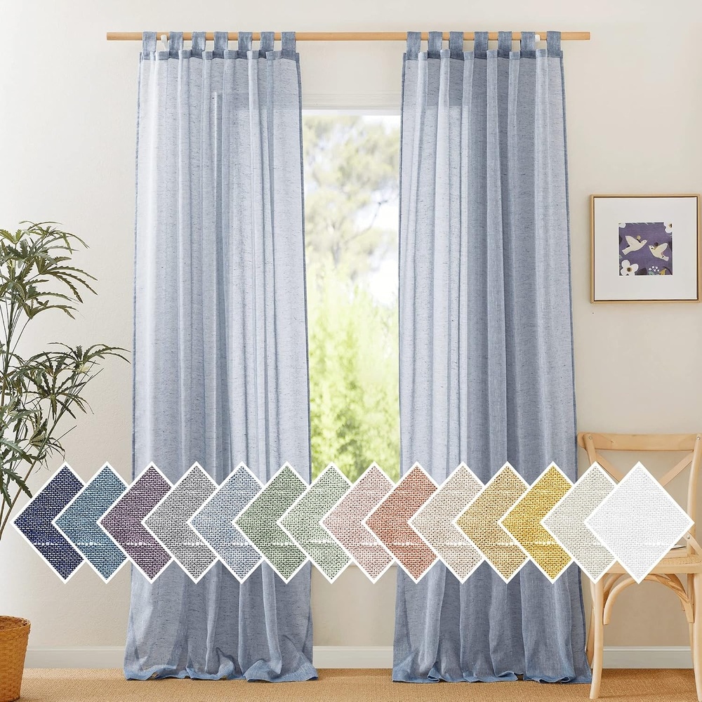image:imageNICETOWN White Linen Curtains 84 inch Length Tab Top Soft Semi Sheer Flax Window Treatments Privacy with Light Filtering Vertical Drapes for BedroomLiving Room W52 x L84 2 PanelsSea Misttab Top