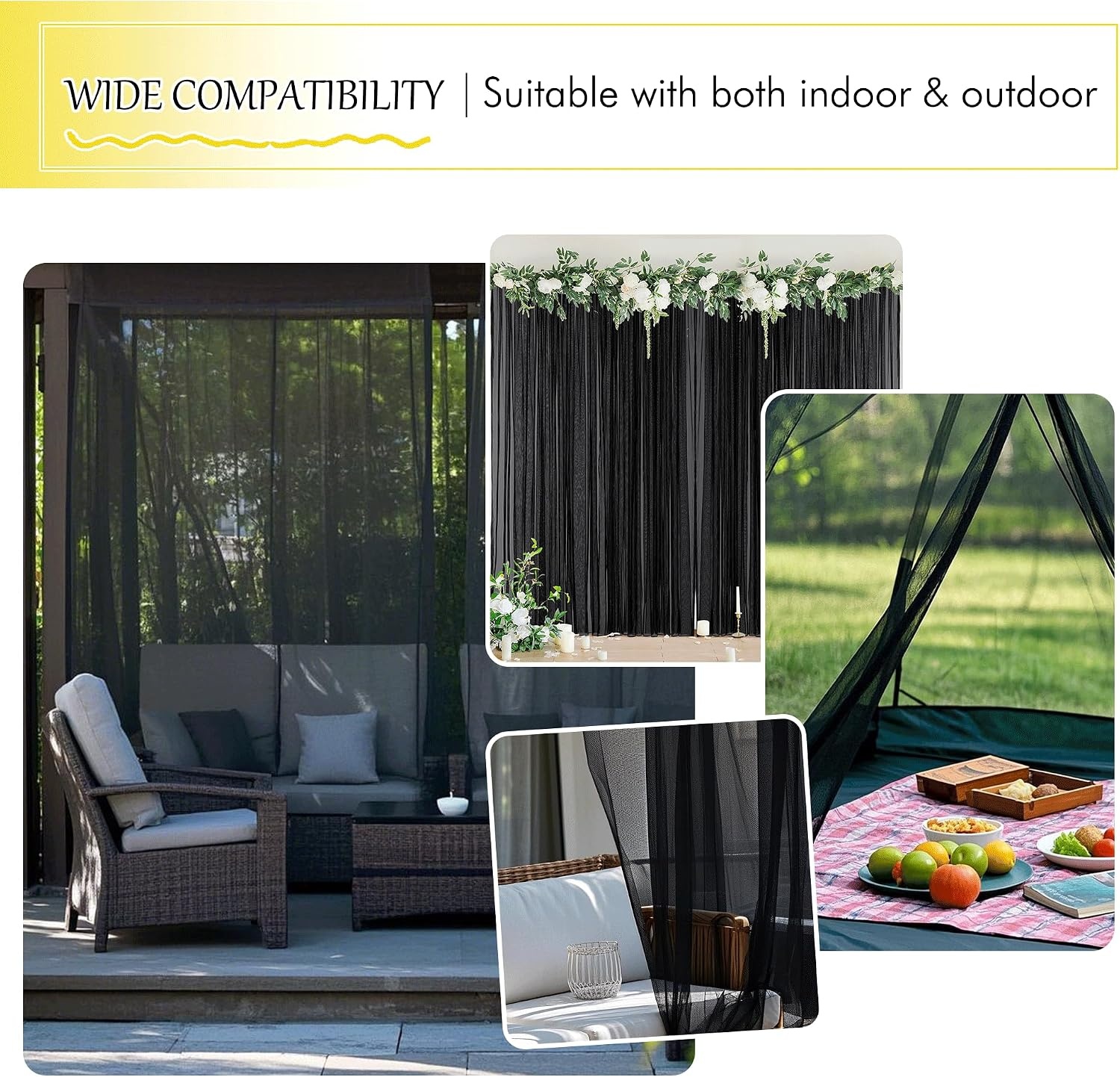 image:imageNICETOWN 2 Panels Outdoor Mosquito Netting for Patio Waterproof Extra Wide 118 Airy Mesh Net Outdoor Sheer Curtains Privacy Rod Pocket DIY Adjustable Length amp Width for Sunroom W118 x L98 WhiteBlack
