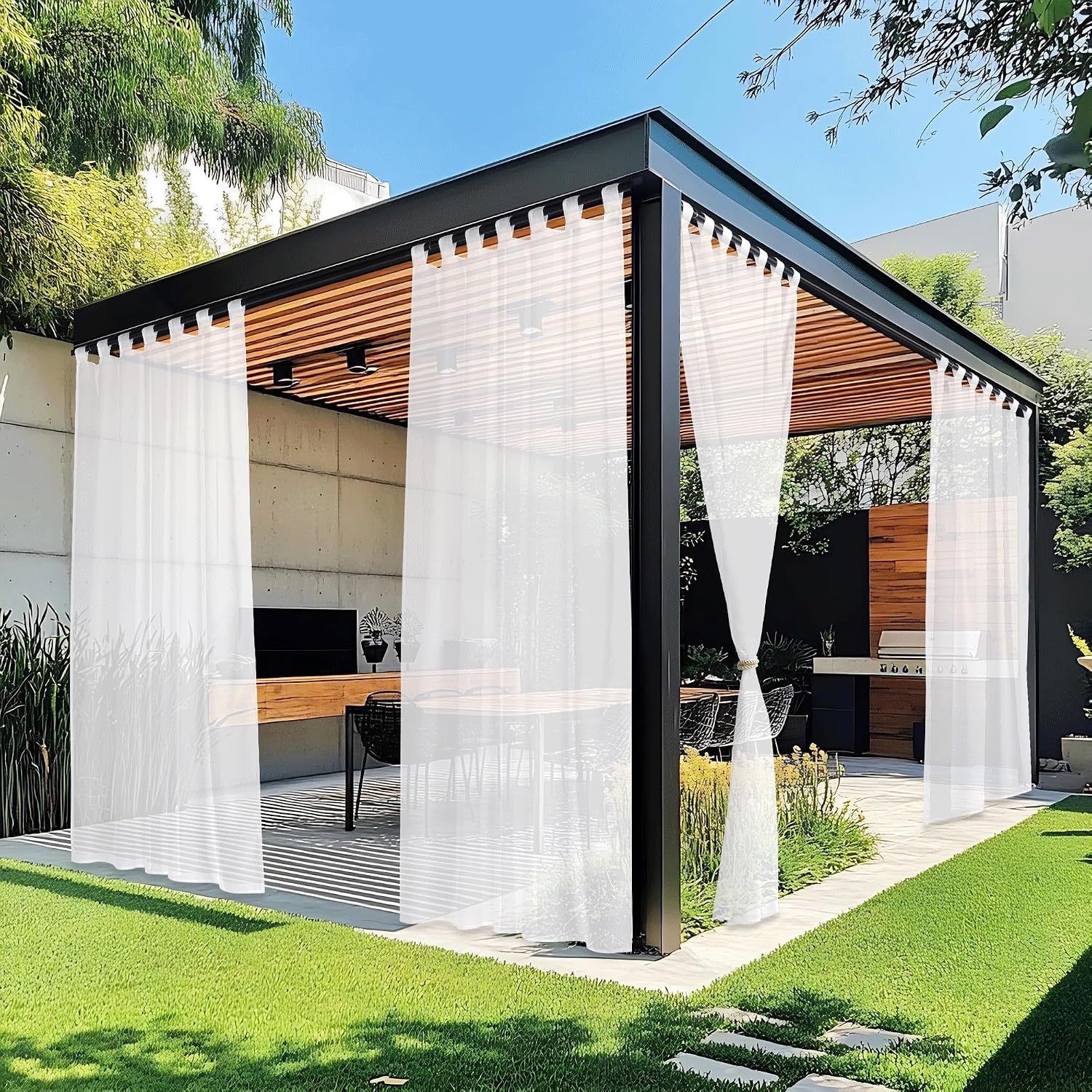 image:imageNICETOWN 2 Panels Outdoor Patio Curtains Waterproof Detachable Sticky Tab Top Indoor Outdoor Sheer Voile Drapes Airy amp Elgant Easy Haning for Pergola W54 x L96 WhitePure White
