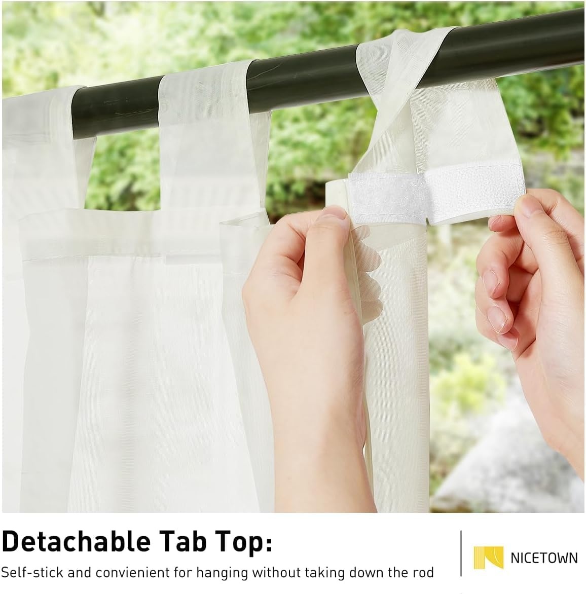 image:imageNICETOWN 2 Panels Outdoor Patio Curtains Waterproof Detachable Sticky Tab Top Indoor Outdoor Sheer Voile Drapes Airy amp Elgant Easy Haning for Pergola W54 x L96 WhiteBeige